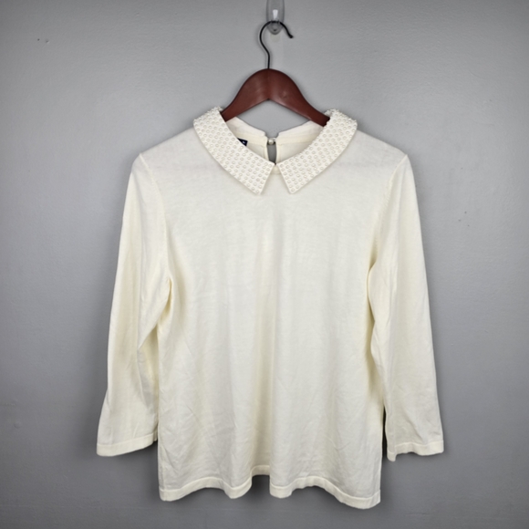 Talbots Sweaters - RSVP By Talbots Pearl Embelllished Top 3/4 Sleeve Ivory‎ Women Sz L Classic Chic